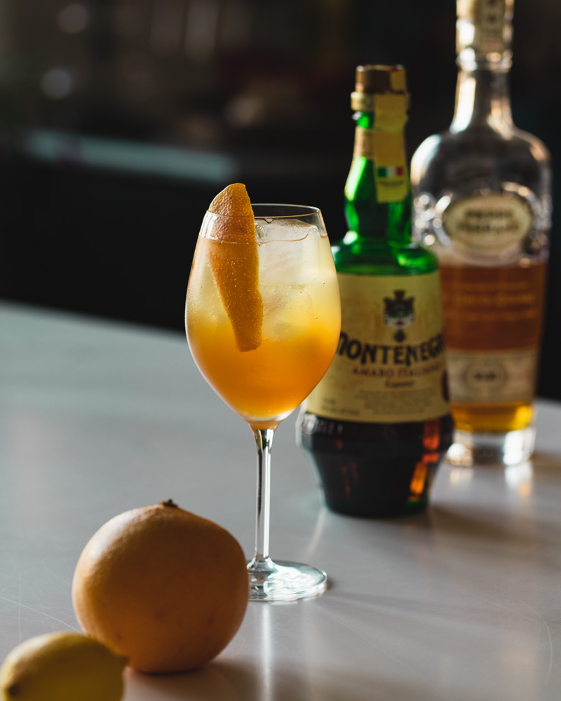 spritz style cocktail with amaro and cognac